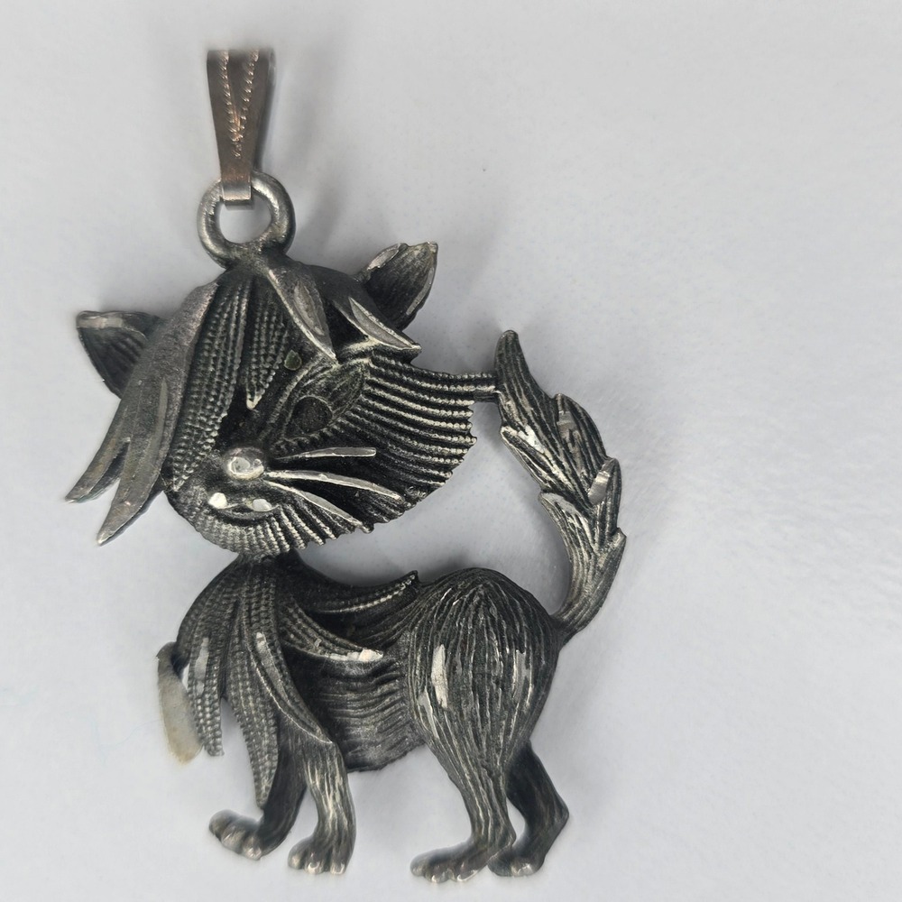 Vintage Cat Pendant Pewter Stylized Whimsical Textured Feline Animal Charm